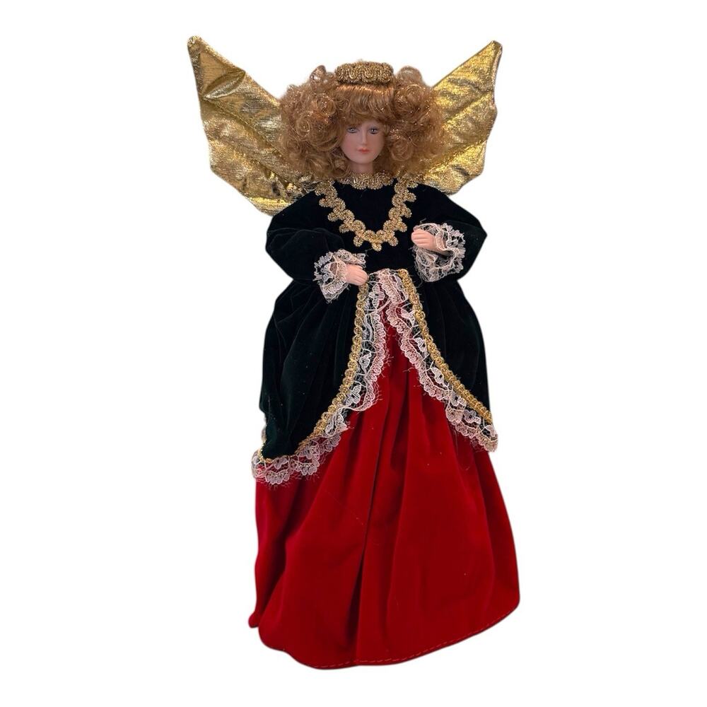 Angel Porcelain Face Hand Table Treetoper 12.5” Christmas Red Green Crush Velvet